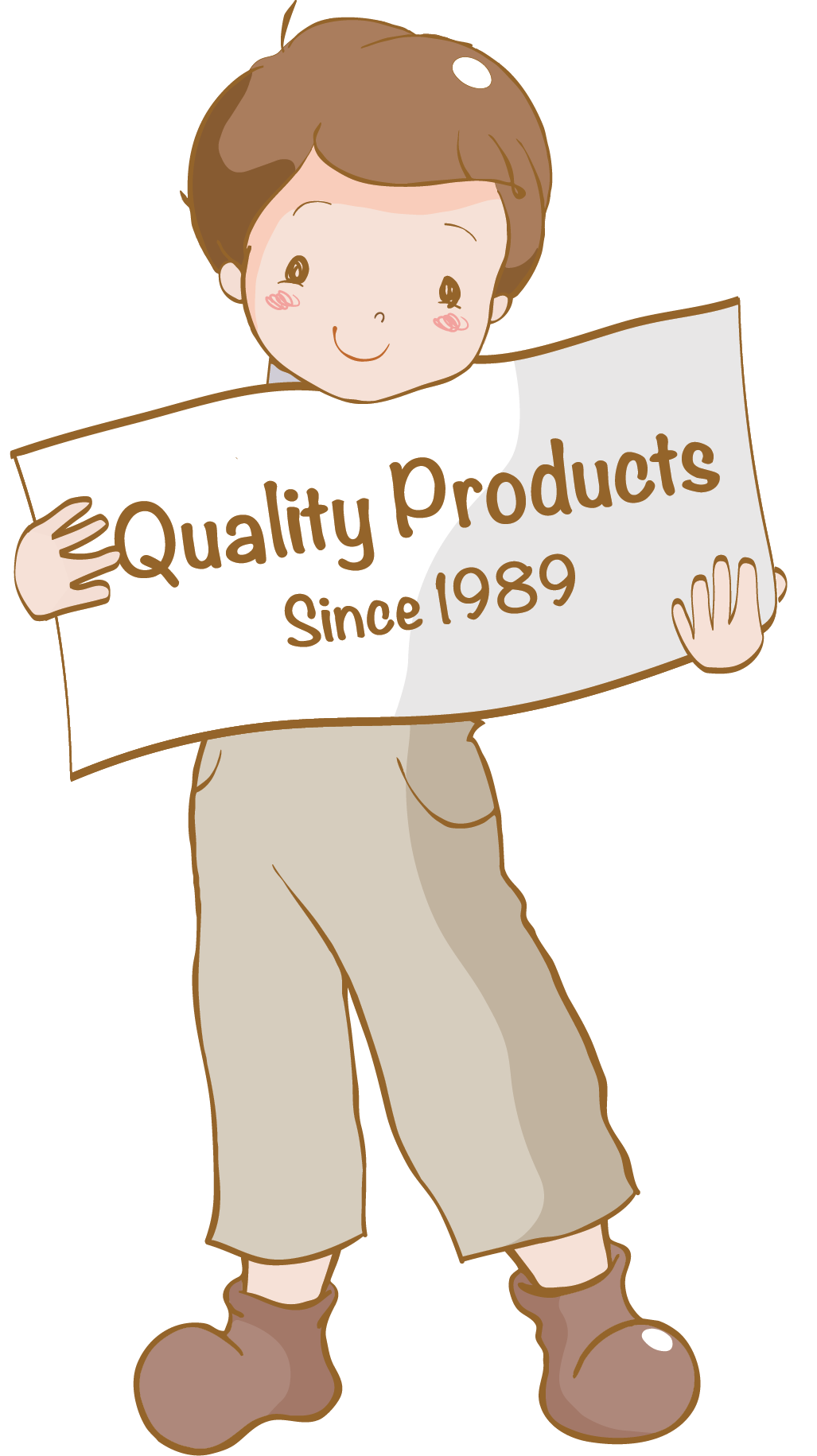 A cartoon boy holds a sign that reads 'Quality Products Since 1989'
